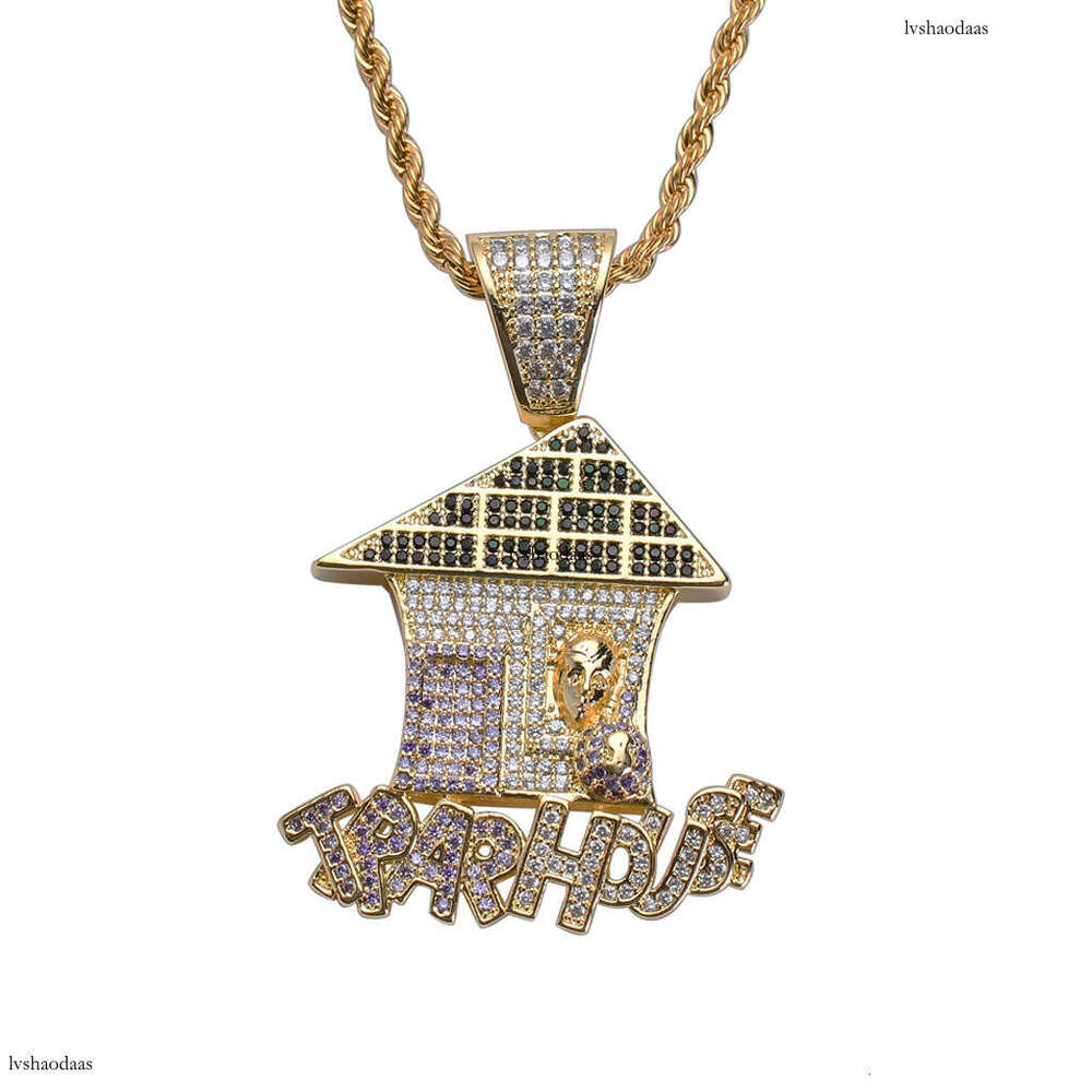 Trendy House Micro-Inlaid Colorful Moissanite chain Necklace TrapHouse Pendant Hip-Hop Accessories
