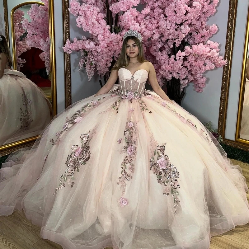 Champagne Quinceanera Dresses Ball Gown Sequin Applique Lace Beads Tulle Birthday Party Princess Vestido 15 De Anos Sweet 16 Dress