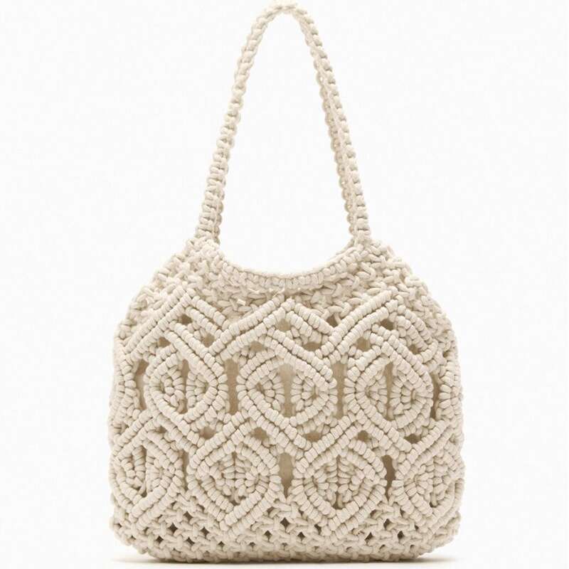 2025 Fashion Hand-woven beach holiday Shoulder handbag Hand tied cotton thread straw woven bag