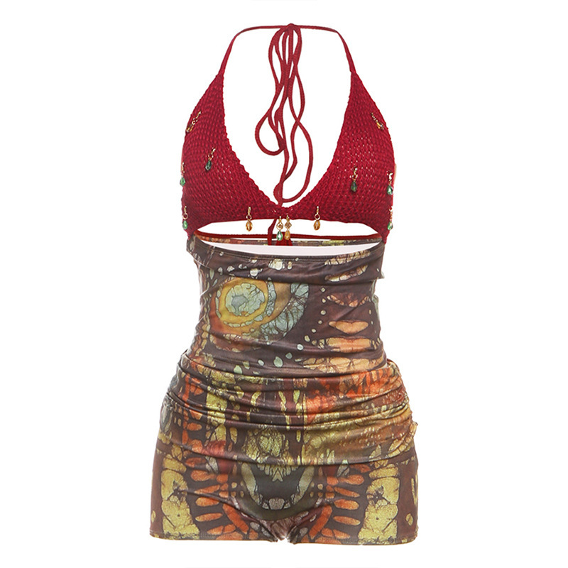 2025 Autumn New Womens Fashion Printed Sexy Backless Halter Knitted Patchwork Top Bodycon Shorts Set