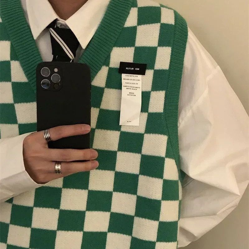 Knit Sweater Male Sleeveless Vest Plaid Icon Mens Clothing Green Waistcoat Neck Sweatshirt Wool X Large Big Size Trend T 250809