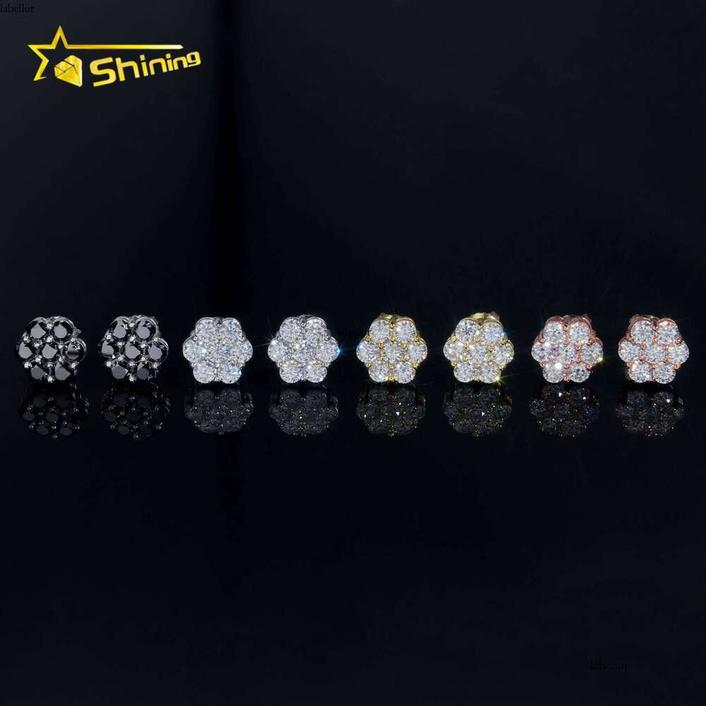 RTS Men's Hip-Hop Jewelry Sterling Sier White Black 8mm Cluster Flower Pyroxene Stud Earrings with GRA Certificate