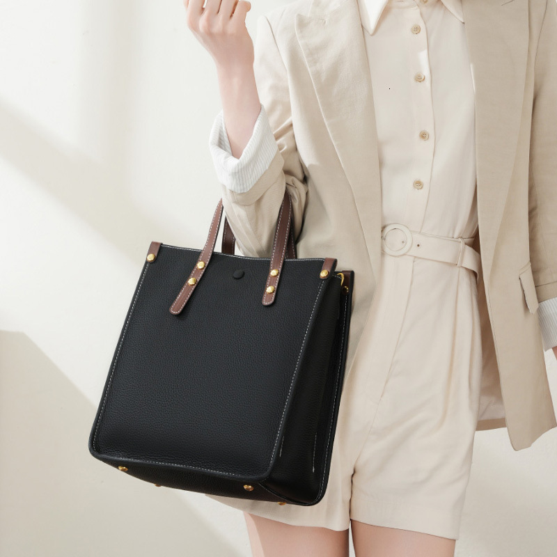 Fashion Genuine Vertical Tote Handbag Top Layer Cowhide Commuter Shoulder Briefcase Women Soft Leather Crossbody Bag