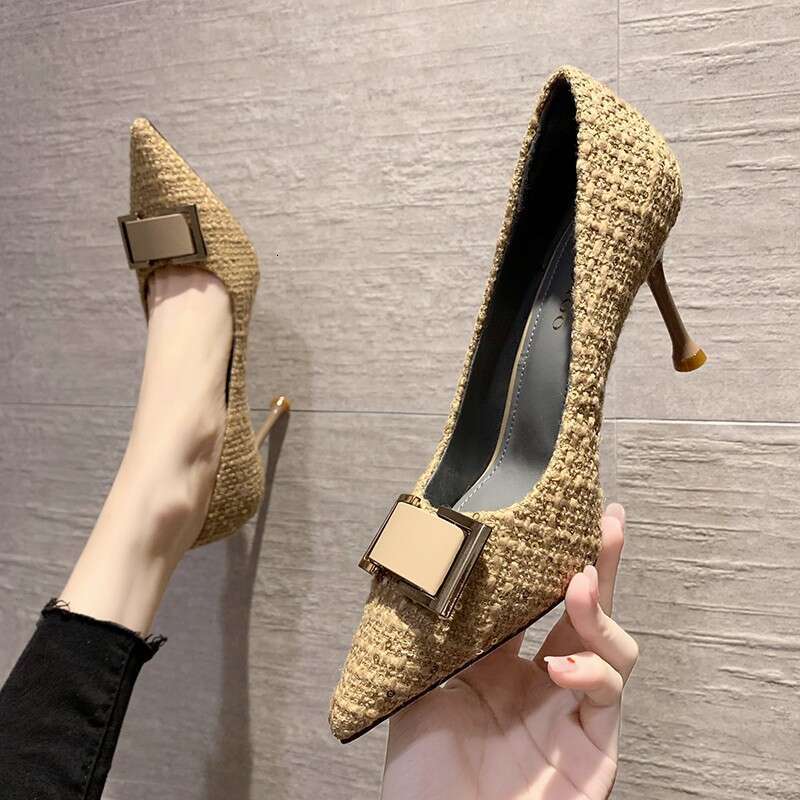 High Heels Women 2020 New Autumn Winter Fashion Korean Style Sexy Pointed Toe Thin Heel Metal Buckle Designer shoes Professional Work Shoes