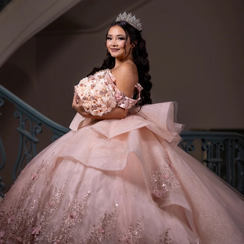 Pink Quinceanera Dresses Ball Gown Off The Shoulder Sequin Applique Flower Beads Tull Corset Party Birthday Sweet 16 Dress Vestidos 15 Anos