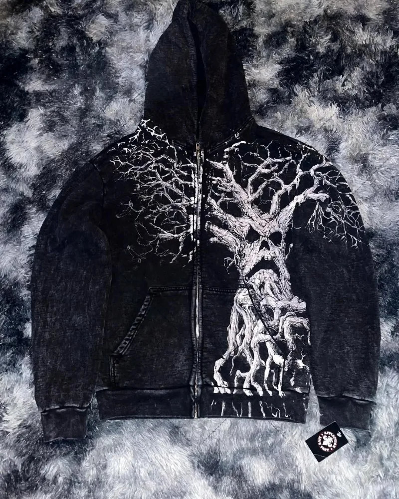 Y2K Harajuku Retro Demon Tree Man Fashion Oversized Hoodie Women Street Hip Hop Punk Goth Casual Loose Zipper Men 250808