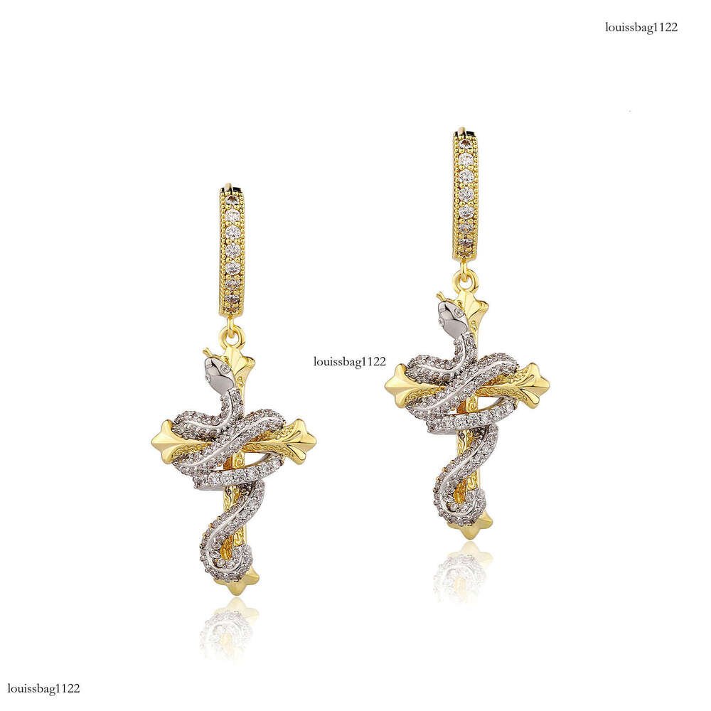 Year of the Carved Two-tone Cross Full Zircon Domineering Snake Unisex Non-fading Earrings