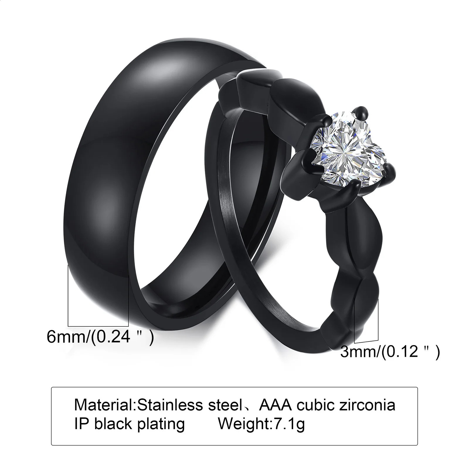 Vnox Romantic Heart CZ Stone Couple Wedding Rings for Women Men Black Color Stainless Steel Bands Engagement Jewelry Love Gift 250805