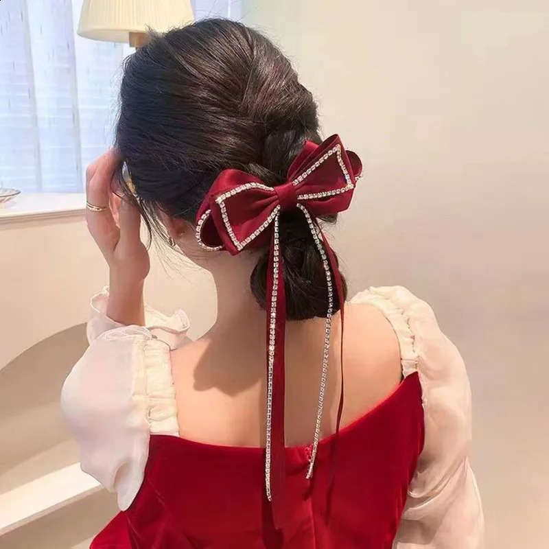 Elegant Rhinestones Big Bow Hairpins For Girl Ribbon Long Tassel Rhinestone Headband Hair Clips Accessories HAIR CLIP FOR GIRL 250807