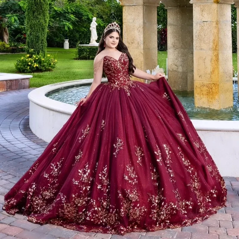 Red Quinceanera Dresses Ball Gown Off The Shoulder Applique Lace Beads Tull Party Birthday Sweet 16 Dress Vestido De 15 Anos