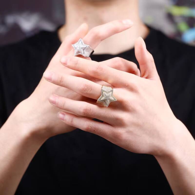 Luxury Hip Hop Mens Rapper Rings High Quality Iced Out Full Pave Moissanite Stone 3D Five-Pointed Star Inlaid Micro Pave Moissanite Jewelry