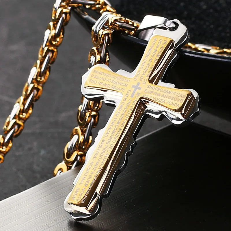 Catholic Spanish Bible Cross Pendants Necklace Stainless Steel Byzantine Link Chain Necklaces Bible Prayer Male Jewelry Gift 250805
