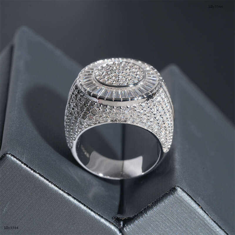 ICED OUT New Men's Ring Moissanite Full Inlay Silver Plated Trendy Brand Jewelry
