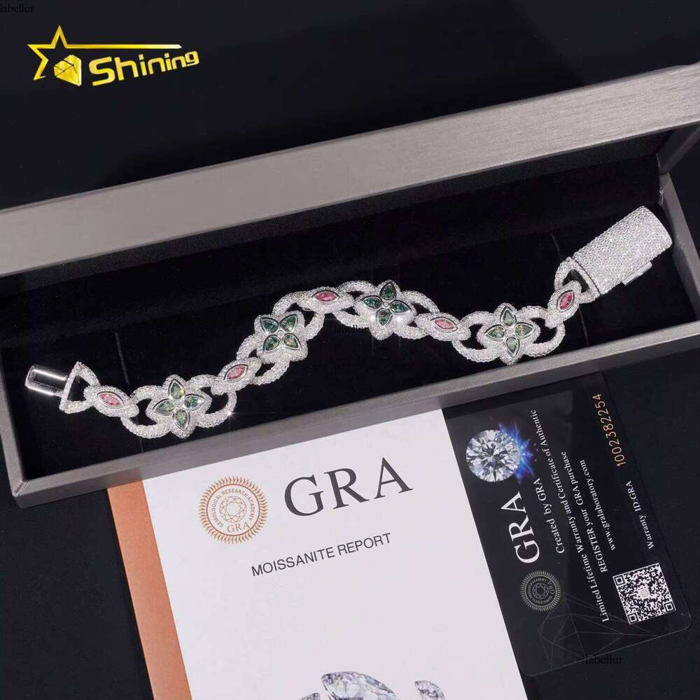 New Arrivals Iced Out Pink Blue Green Marquise Hip Hop Infinity Flower Style Sliver VVS Moissanite Bracelet Men Women