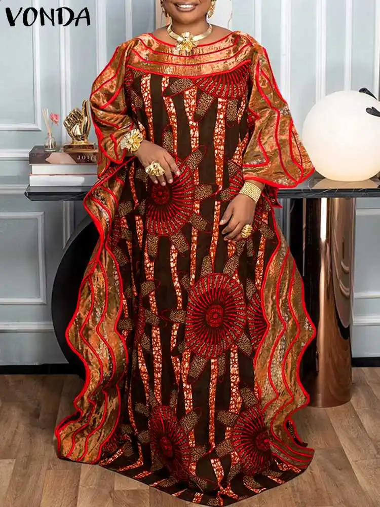 Plus Size 5XL VONDA Bohemian Women Long Dress Summer Printed Ruffled Maxi Sundress Flare Sleeve Loose Casual Robe Party Vestidos 250809