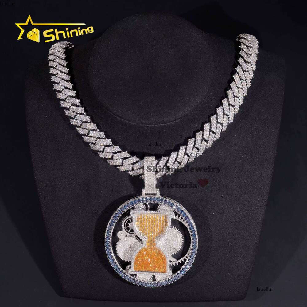 Unique Piece Charms Jewelry Custom Moissanite Hour Glass 3 Inches Spinning Iced Out Full Colored Dias Pendant