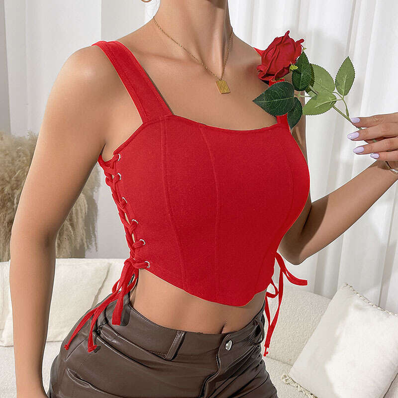 Pure Desire Tie Waist Cincher Slim Fit Black Tight Fishbone Corset Sexy Strap Tank Top