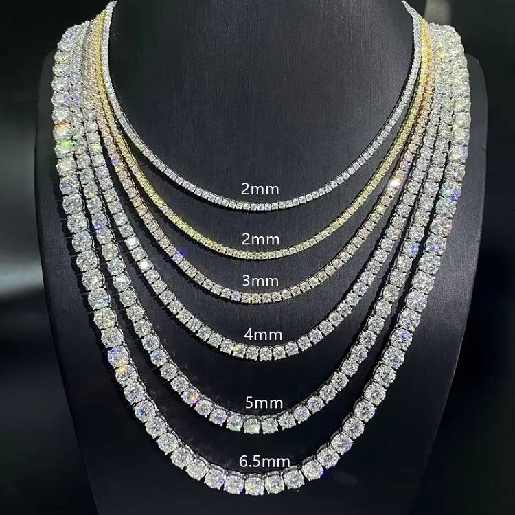 Hot Sale 3Mm 4Mm 5Mm Vvs Pass Diamond Tester Iced Out Chain Tennis Necklace White Gold 925 Sliver Custom Moissanite Tennis Chain