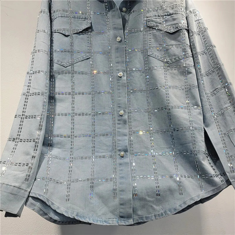 Women Plaids Diamonds Beaded Denim Shirt Rhinestones Jean Blouses Drilling Cardigan TopsSequined Wide Legs Pants Jeans 2pcs Set 250808