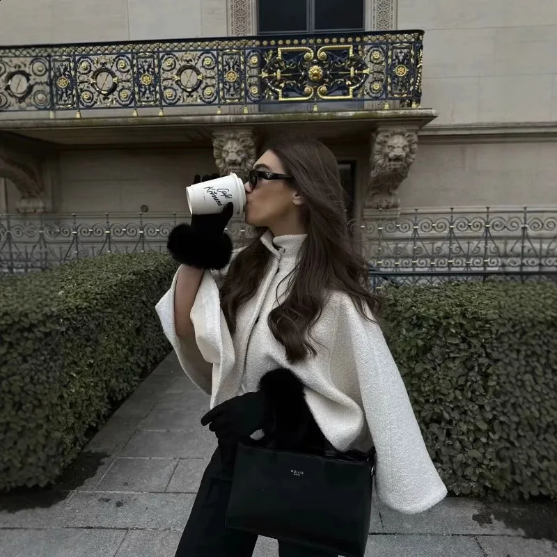 Fashion Elegant Street Womens Winter Solid Color Wool Blended Stand Collar Concealed Button Cape Jacket Y2K 250809