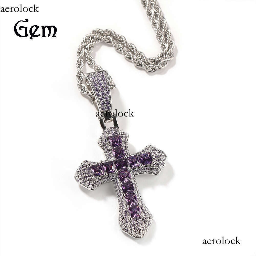 Hip Hop Cross Pendant Large Sterling Silver Inlaid Purple Moissanite chain Light Sweater Necklace