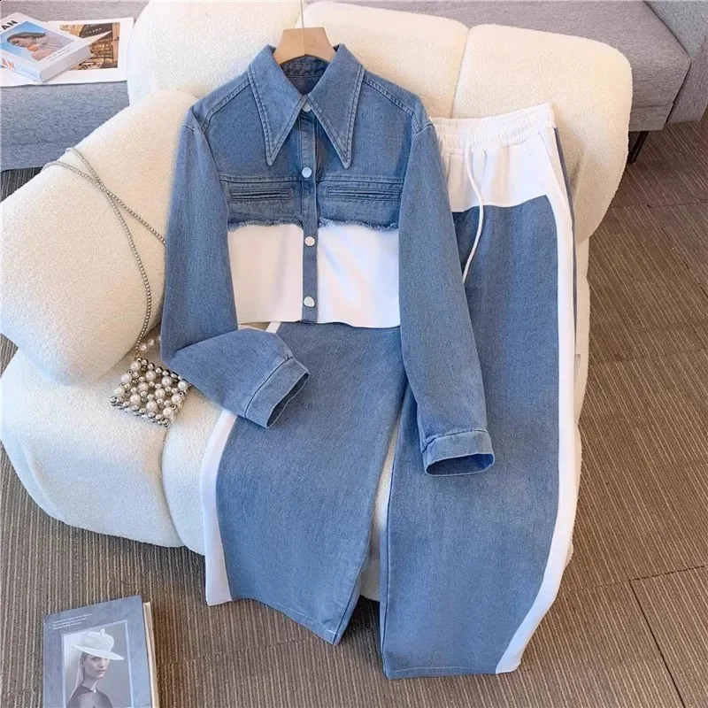 Vintage Women Patchwork Denim Jacket Pant Sets Long Sleeve Cropped CoatHigh Waist Wide Leg Pants Daily Versatile Denim Suit 250808
