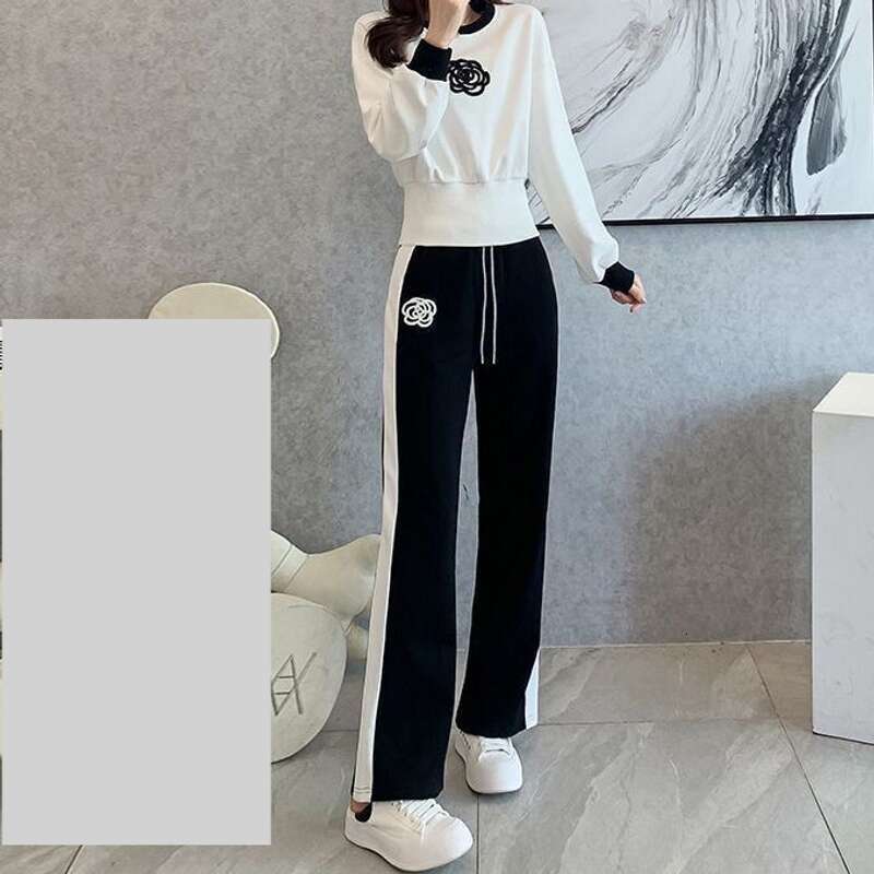 Women's Clothing Camellia Casual Suit Women's Fashionable Style Knitted Wide Leg Pants Woolen Two Piece Set