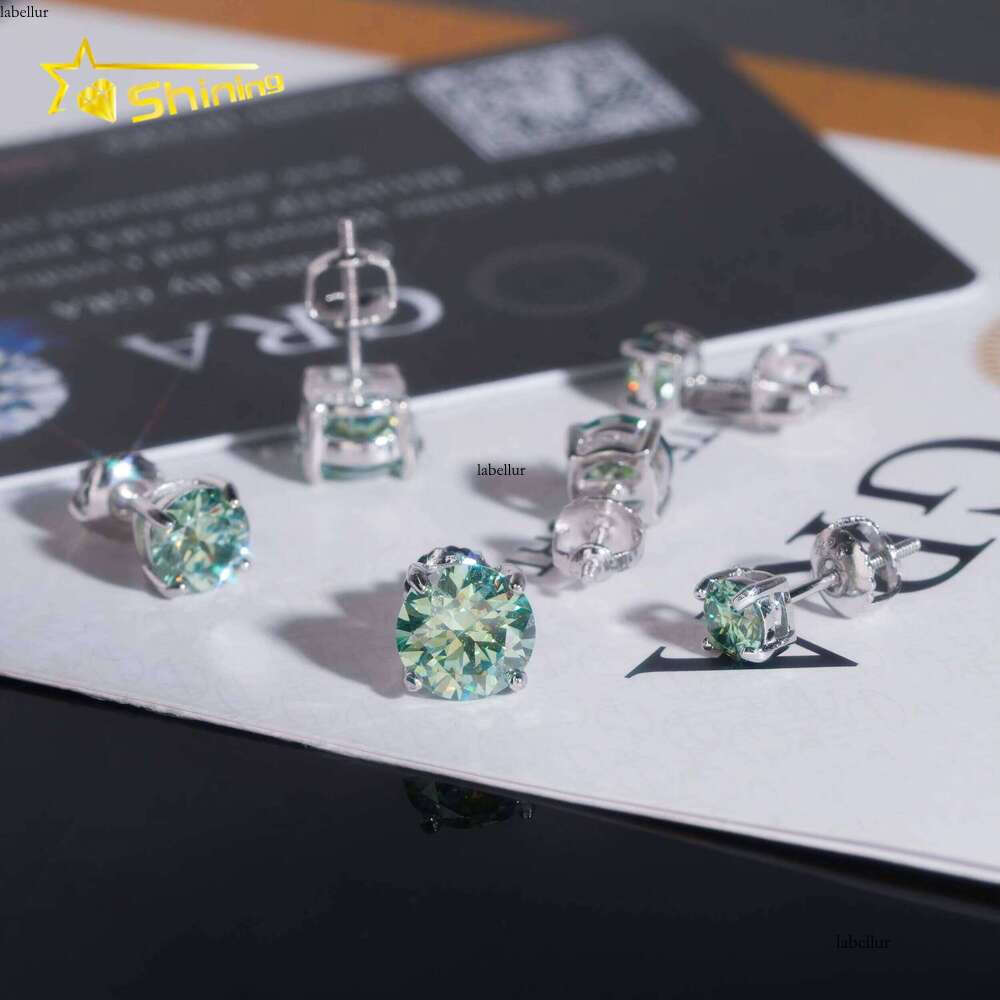 Pass Tester Sterling Sier Blue Green Moissanite Round Stud Hip Hop Earrings
