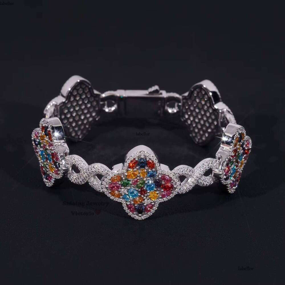 Iced Out Fancy Cut Color Moissanite Infinity Clover Bracelet for Men 20MM Width Solid Jewelry