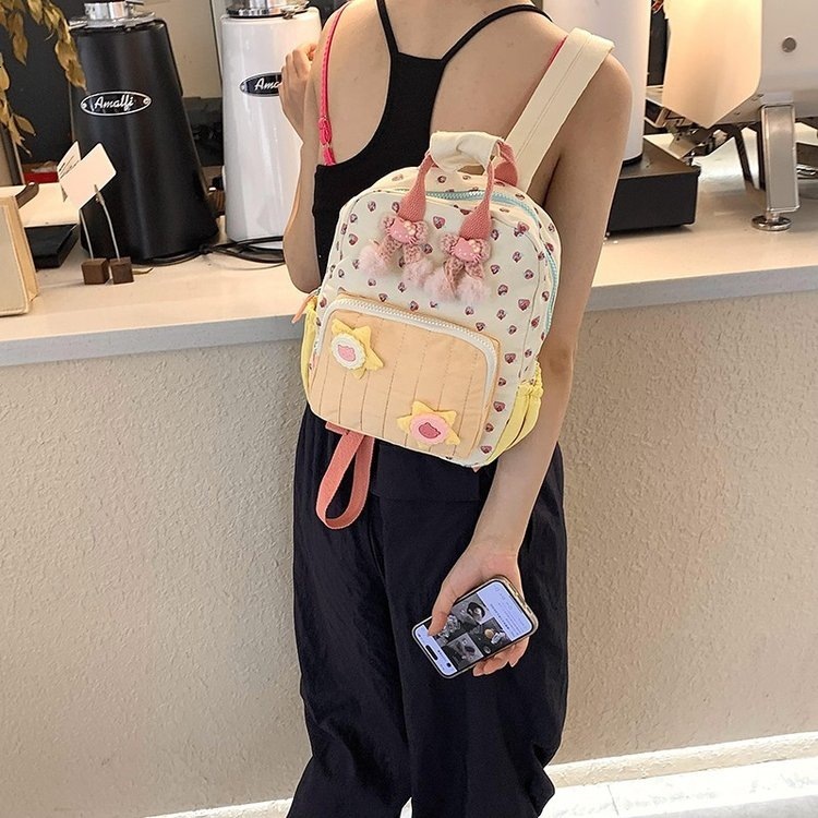 Canvas Printed Dopamine Color-Block Cute Strawberry Casual Backpack ddmymoon