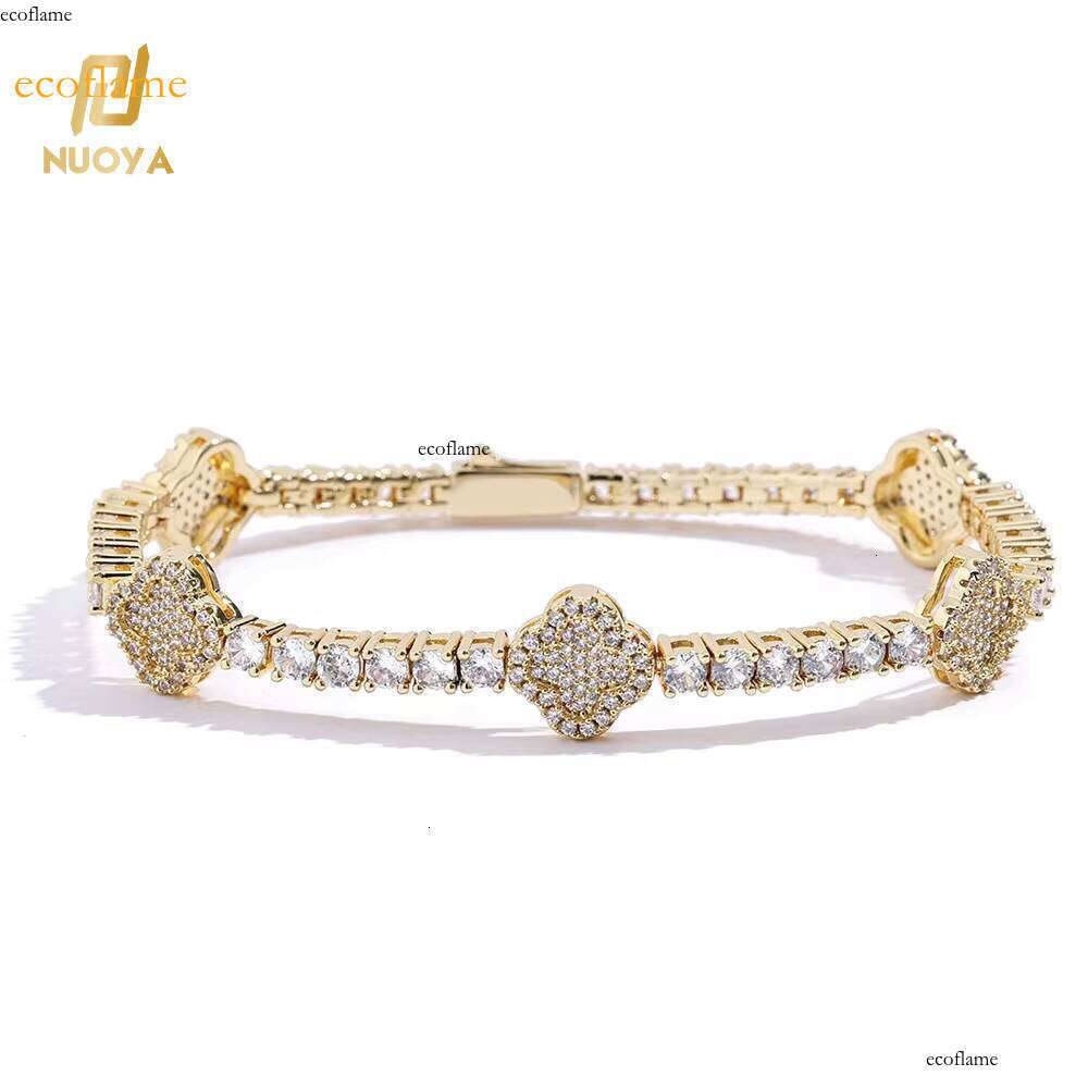 NUOYA Fashion Jewelry Small Four Leaf Clover Tennis Bracelet Gold Plated Brass Cubic Zirconia Chain & Link Bracelets for Women