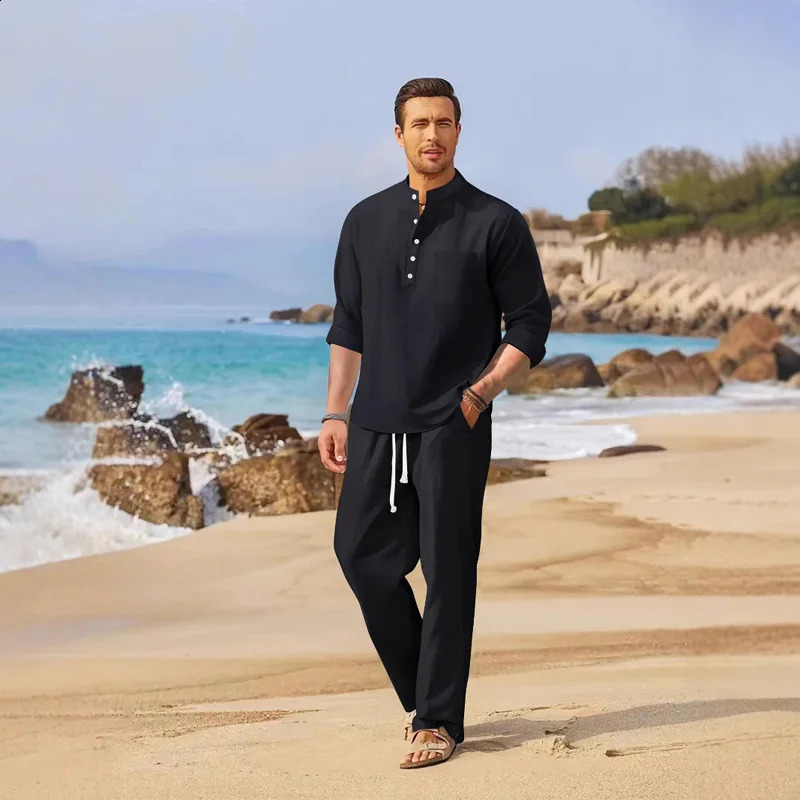 Mens Lightweight y Polo Shirt Set Summer Stand up Collar Button Pocket Cotton Hemp Long Sleeve Pants Casual 250809