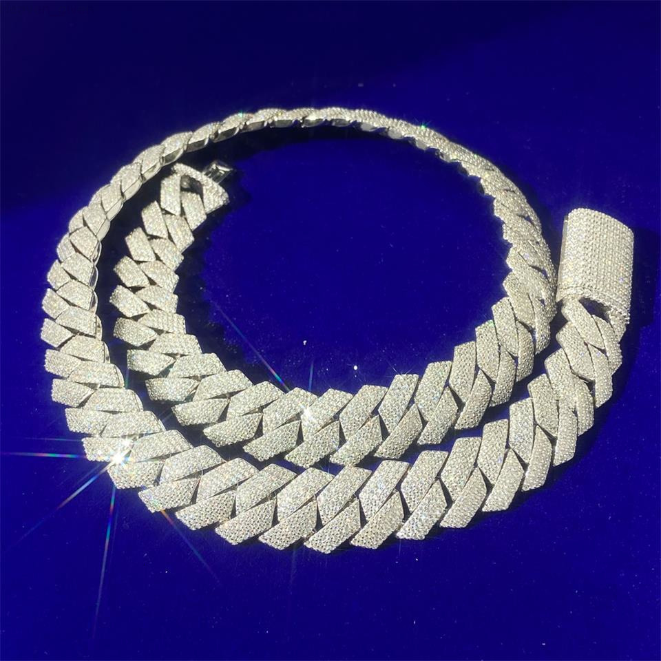 Hot Selling Jewelry High Quality 925 Sterling Silver Prong Setting VVS Moissanite 18K Gold Plated Rapper 14MM Cuban Chain