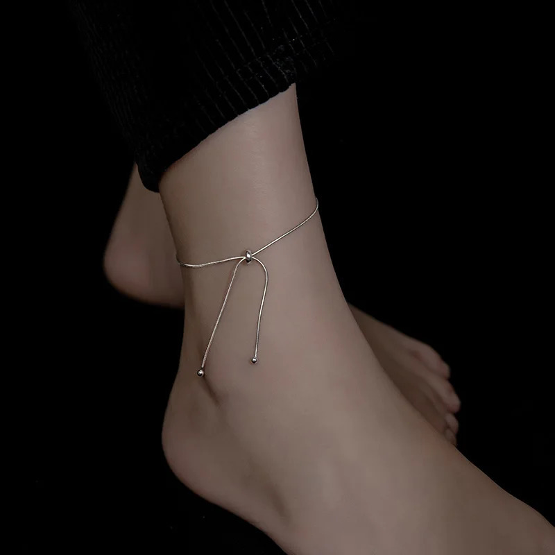 WANTME 925 Sterling Silver Minimalist Snake Bone Adjustable Tassel Anklet for Fashion Women Summer European Chain Foot Jewelry 250807