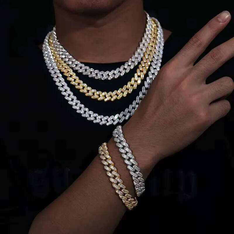 Hot Sale Rappers Hip Hop Jewelry 12mm Sterling Sier VVS Baguette Moissanite Dia Iced Out Cuban Link Chain Necklace