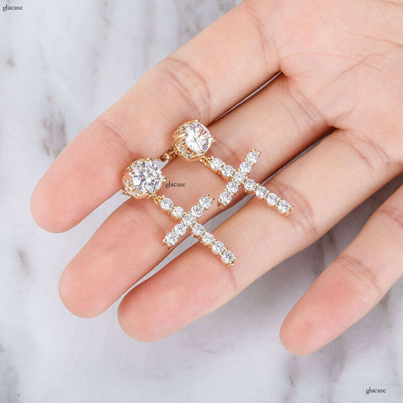 INS Hip-Hop Large Zircon CrosIced Out VVS Needle Earrings Unisex Personality Simple Ear Jewelry