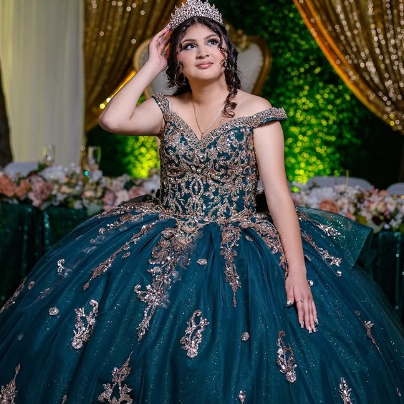 Blacking Green Quinceanera Dresses Ball Gown Off Shoulder Gold Appliques Lace Beads Tull Sweet 16 Dress Vestidos 15 Anos