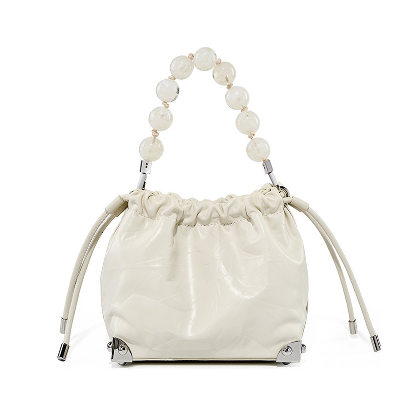 New Chinese Style Beaded First Layer Cowhide Hand-Grasped Flower Pleated Lucky Handbag Shoulder Crossbody Women's Bag