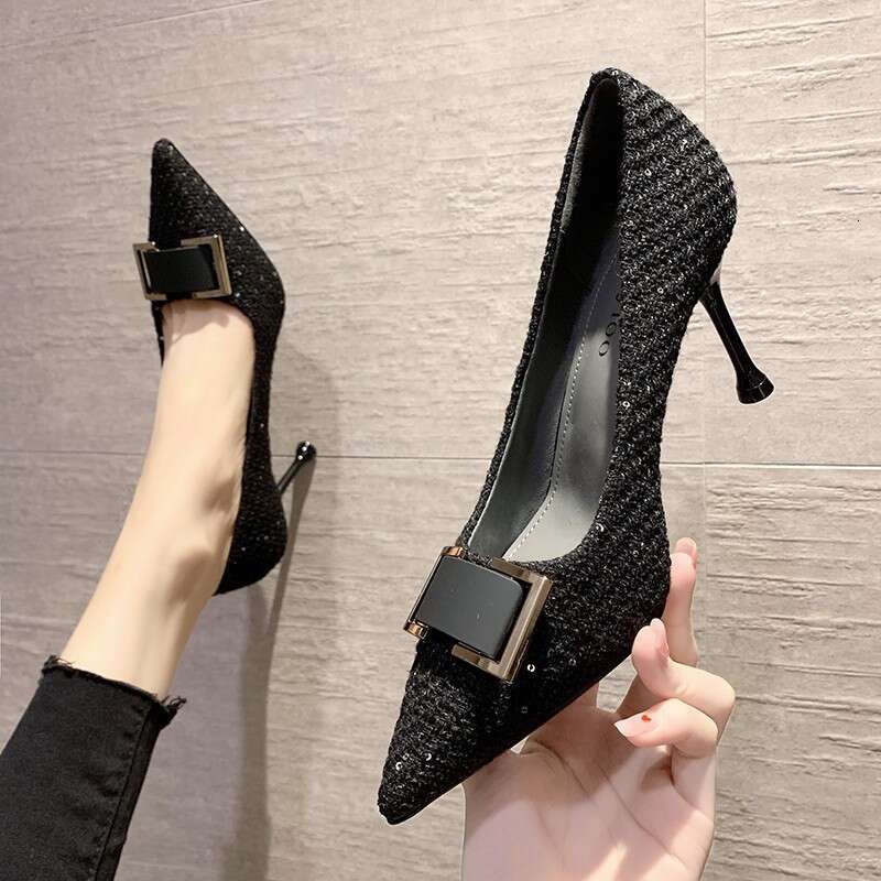 High Heels Women 2020 New Autumn Winter Fashion Korean Style Sexy Pointed Toe Thin Heel Metal Buckle Designer shoes Professional Work Shoes