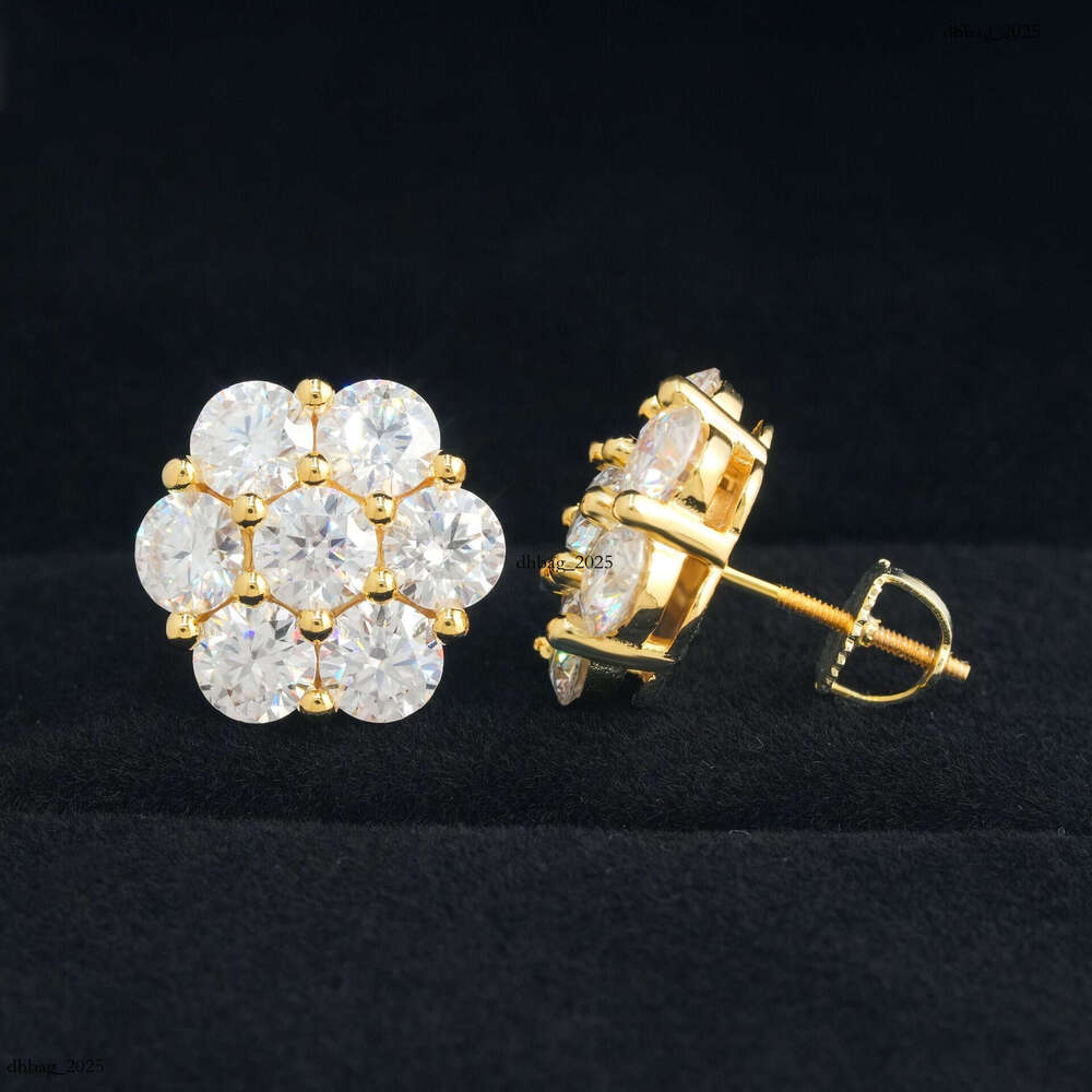 New Iced Out VVS 15.0mm Moissanite Full Inlaid Flower Stud Earrings Hip Hop Jewelry