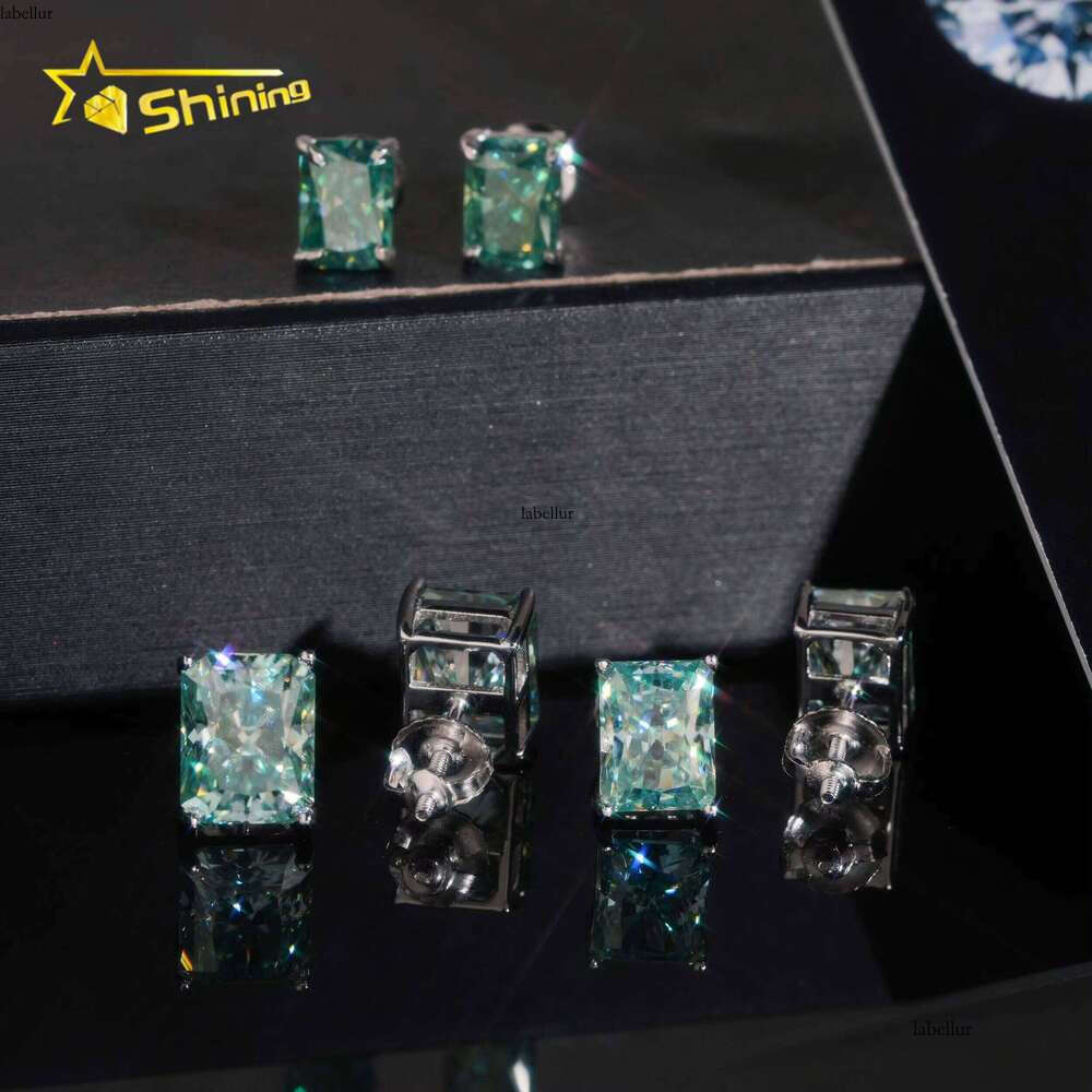 Fashion Jewelry Color Dia Blue Green Sier Screw Back Radiant Cut Moissanite Stud Earrings