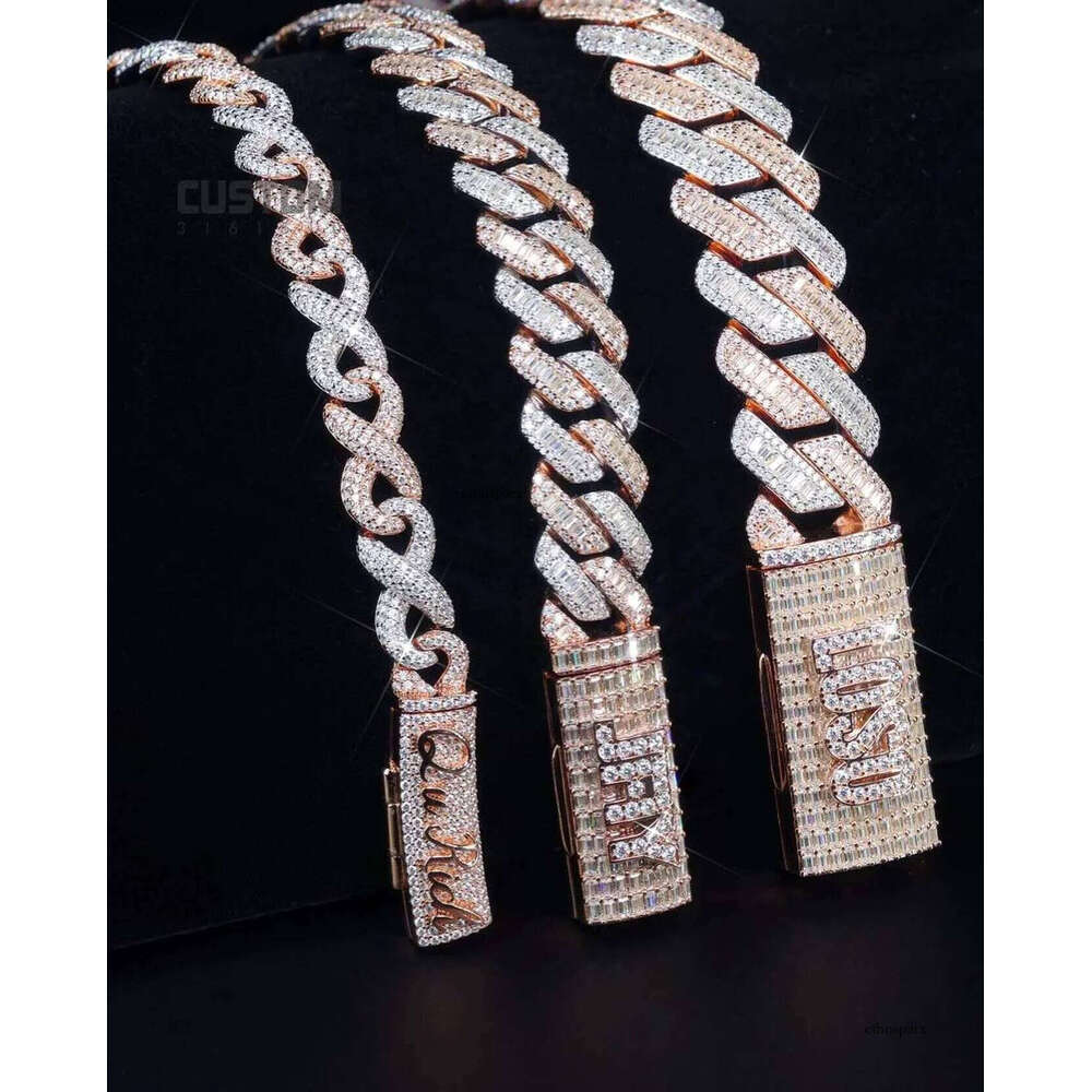 Pass Dia Tester Sterling Sier Vvs Baguette Moissanite Iced Shape Miami Cuban Link Chain Necklace