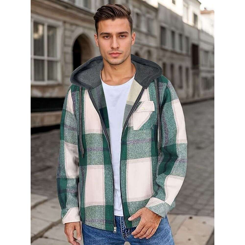 Men's Flannel Woolen Jacket Zipper Hoodie Winter Warm Hooded Coat