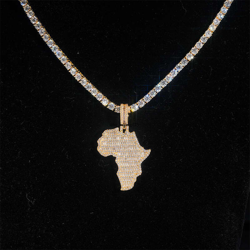 Hip-Hop Pendant Personality Map Sterling Silver Inlaid Moissanite chain Full Dia Unisex Necklace Accessory