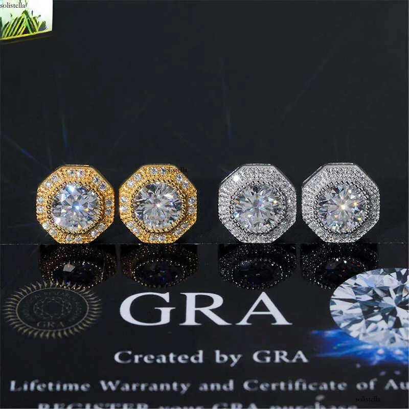 INS moissanite main stone 6mm sier plated real gold unisex earrings