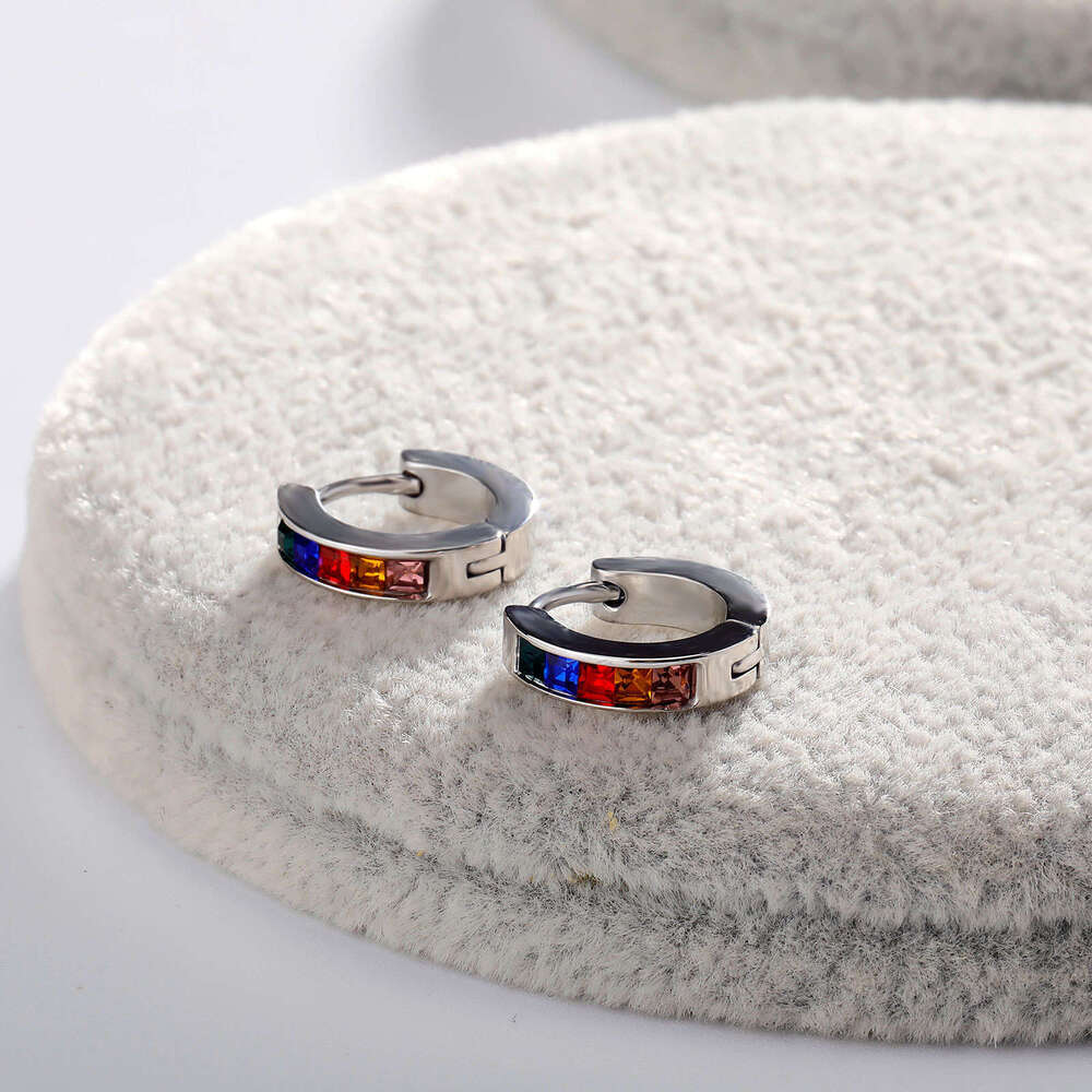 Sterling Silver Square Colorful Zircon Unisex Trendy Stud Earrings Versatile Non-Fading Clips Ear Jewelry