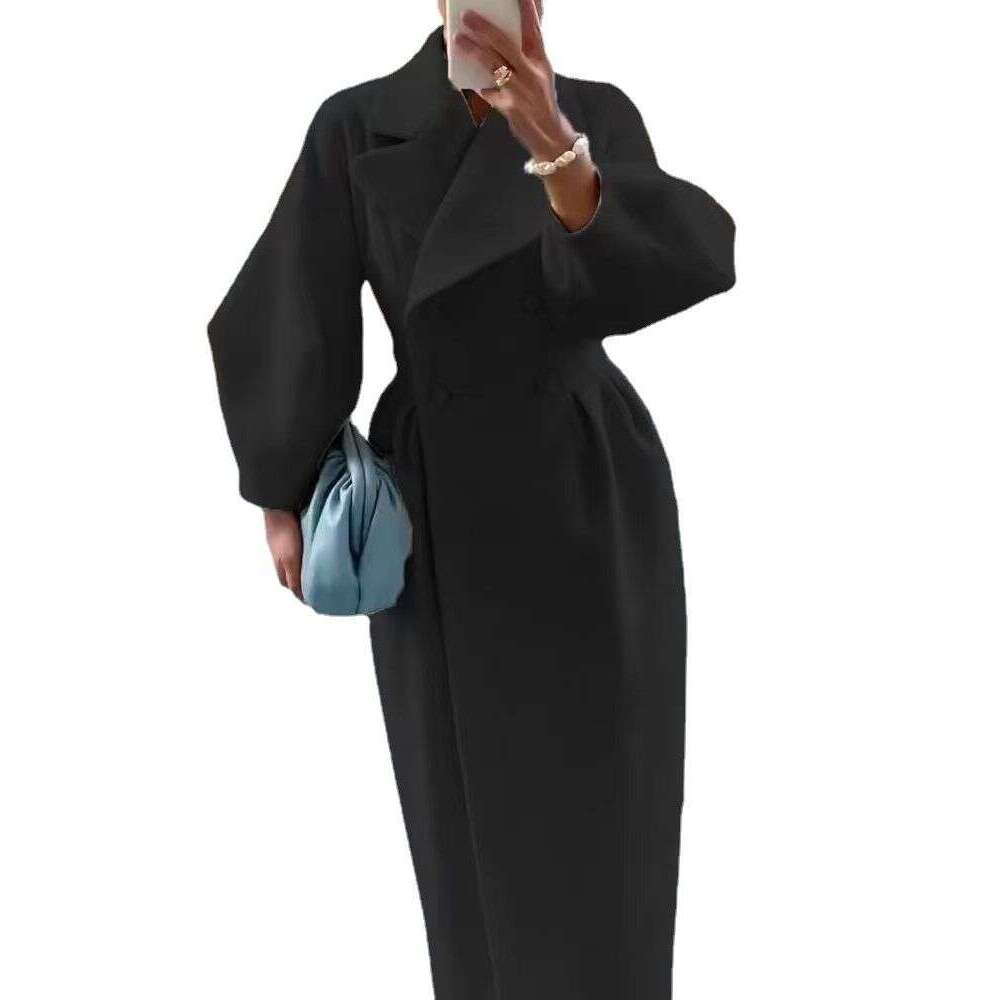 Women's woolen intellectual wind pocket lapel winter new solid color lantern sleeve female coat