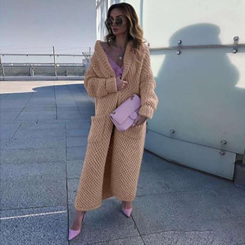 Women's Lapel Cardigan Collage Solid Colour Long Knit Sweater