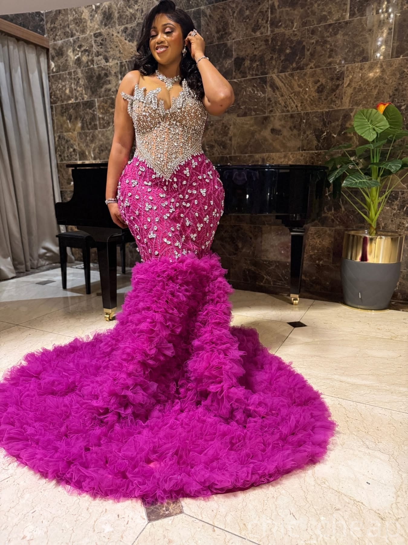 Mermaid Fuchsia Prom Dresses 2025 Crystals Illusion Detachable Train Evening Formal Party Second Birthday Engagement Gowns Plus Size Dress For Special