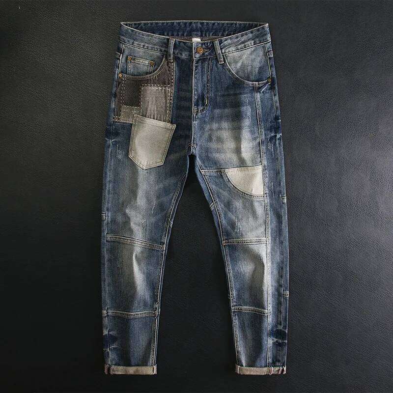 Trendy brand patchwork jeans for men, slim fit small straight tube elastic retro patch personalized trendy pants